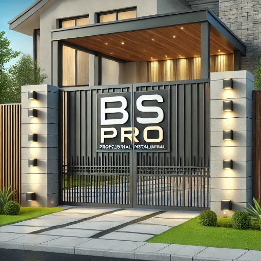 DALL·E 2024-11-13 23.24.40 – A high-quality, realistic image of a stylish villa entrance with a large, secure metal gate. The gate is branded with ‘BS PRO’ in black and yellow, sy DALL·E 2024-11-13 23.24.40 - A high-quality, realistic image of a stylish villa entrance with a large, secure metal gate. The gate is branded with 'BS PRO' in black and yellow, sy